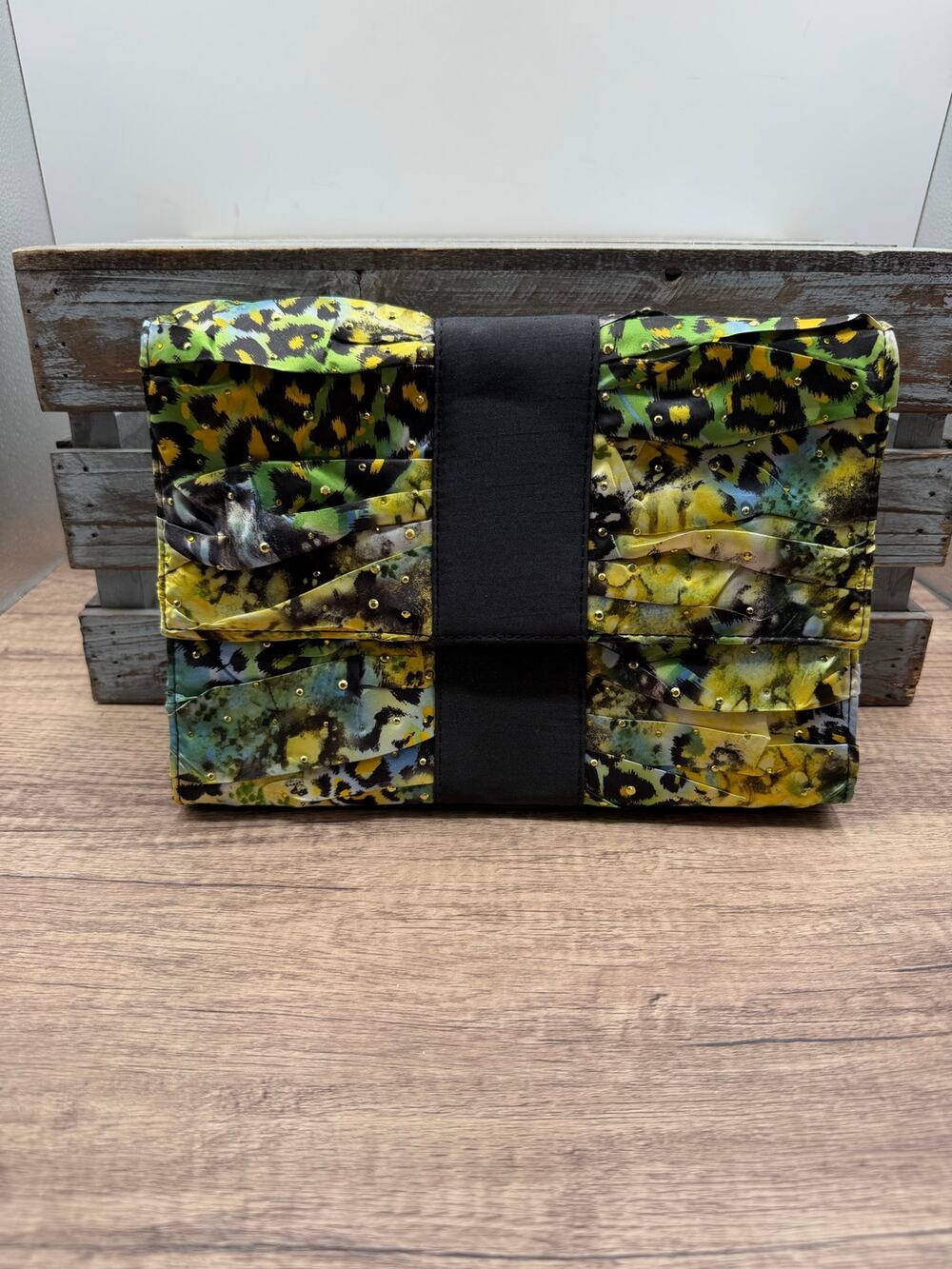 J. Renee NWT Blue/ Green Leopard Shantung Pleated Studded Flap Chain Clutch Bag